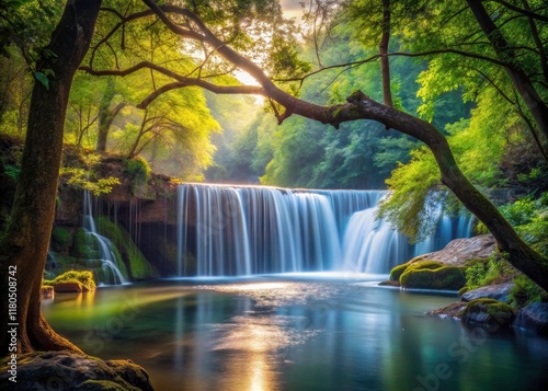 Lush trees frame a tranquil waterfall, its serene river flowing through branching streams.