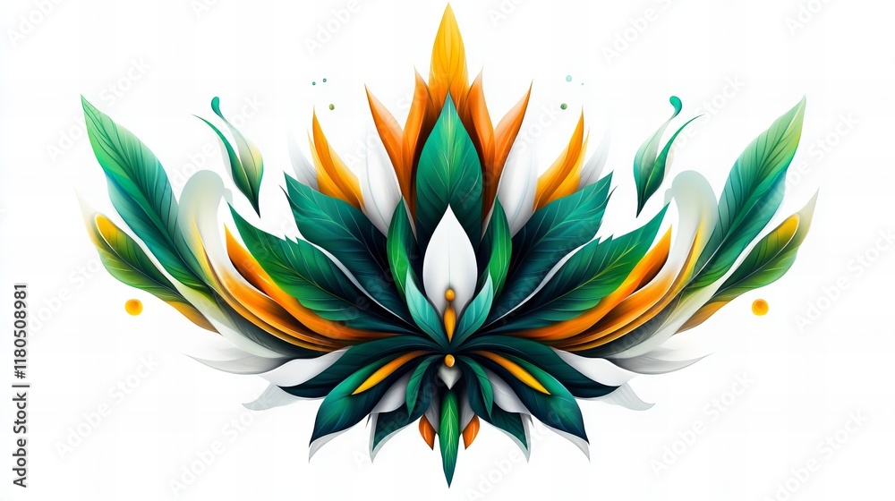 Vibrant abstract floral design. Lush greens, oranges, and whites create a striking symmetrical composition.