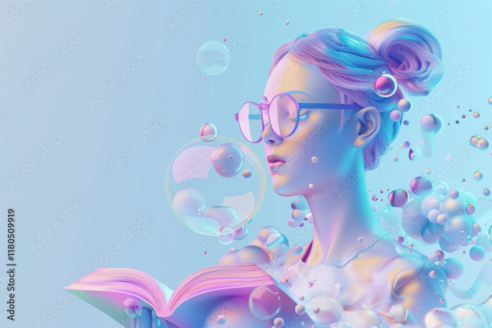 Fantasy creativity imagination woman head with glasses reading book symbolizing the freedom of knowledge. Dreamy artwork. Fantasy creativity imagination woman head with glasses reading book symbolizing the freedom of knowledge. Dreamy artwork.