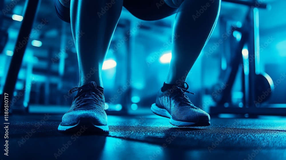 Fototapeta premium Intense Close-Up of Athlete's Legs in Workout Gear Engaging in Fitness Training in Dimly Lit Gym with Blue Lighting Atmosphere