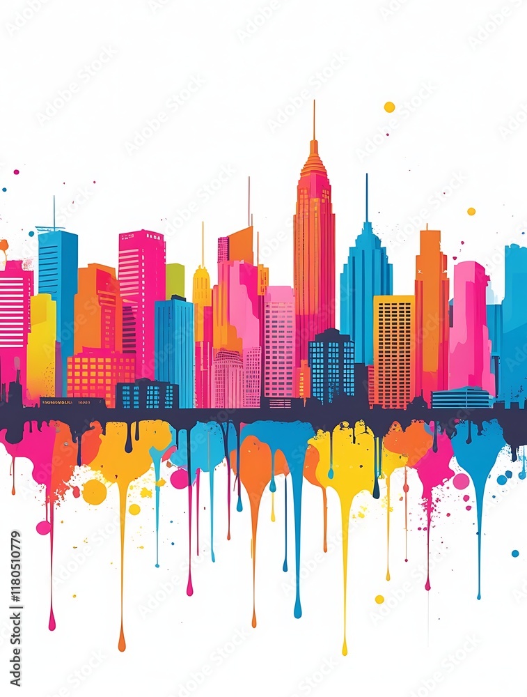 modern artistic skyline of colorful urban cityscape with dripping vibrant paint splashes in abstract creative style showcasing architecture and lively aesthetic energy for contemporary design

