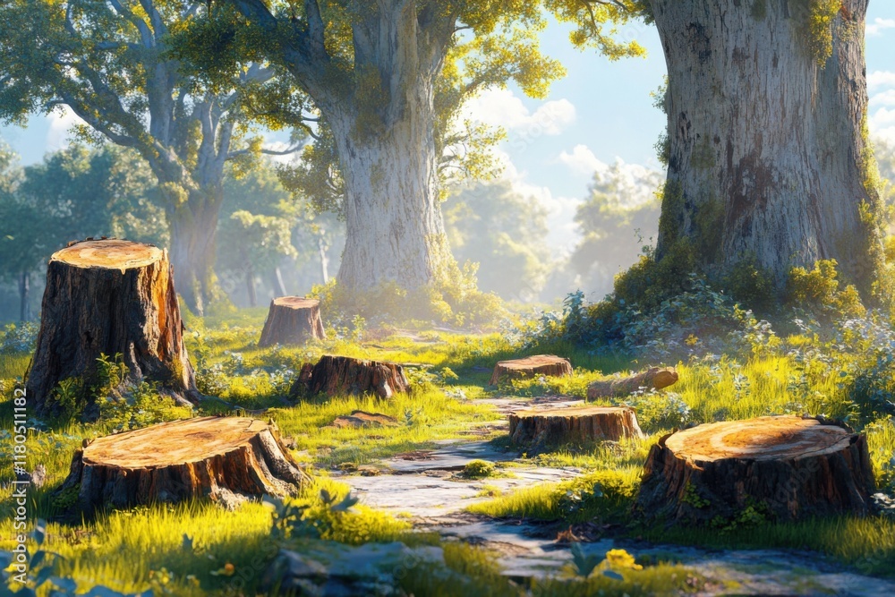 Fototapeta premium Deforestation effects in a tropical rainforest with tree stumps under bright sunlight