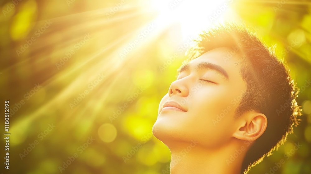 Fototapeta premium Young man experiencing tranquility and joy in nature, enjoying sunlight filtering through leaves, symbolizing peace and rejuvenation in a serene environment