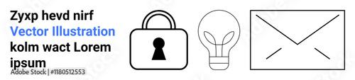 Black padlock with keyhole, lightbulb, and envelope icons alongside placeholder text in blue and black font. Ideal for technology, security, innovation, communication, email, simplicity