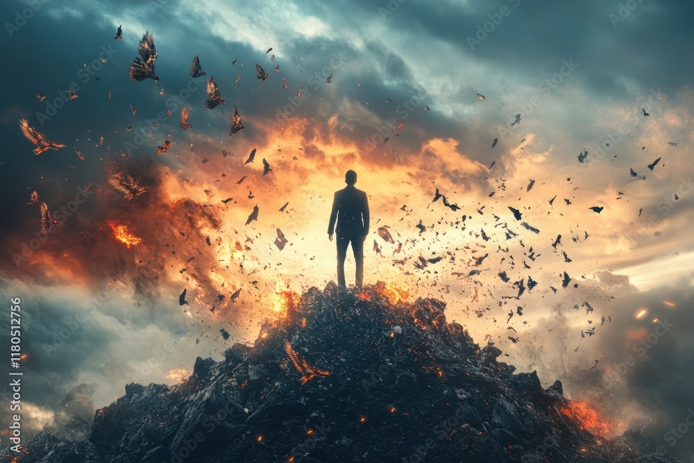 Fototapeta premium Man Stands Alone Amidst Fiery Destruction and Falling Birds