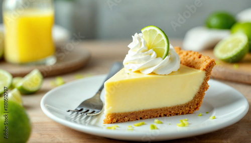 Key lime pie slice with whipped cream, lime wedge, and a fresh, zesty background. photo