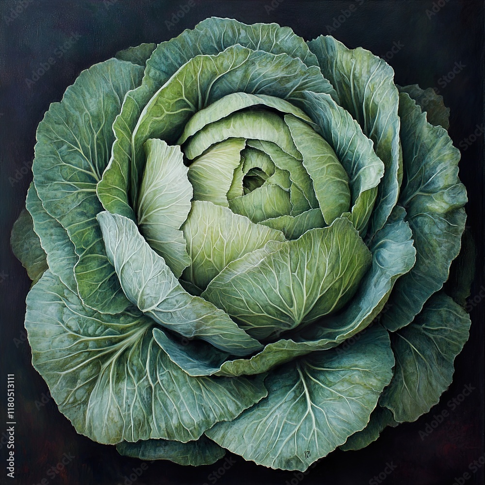 Obraz premium Close-up of a Vibrant Green Cabbage: A Botanical Still Life