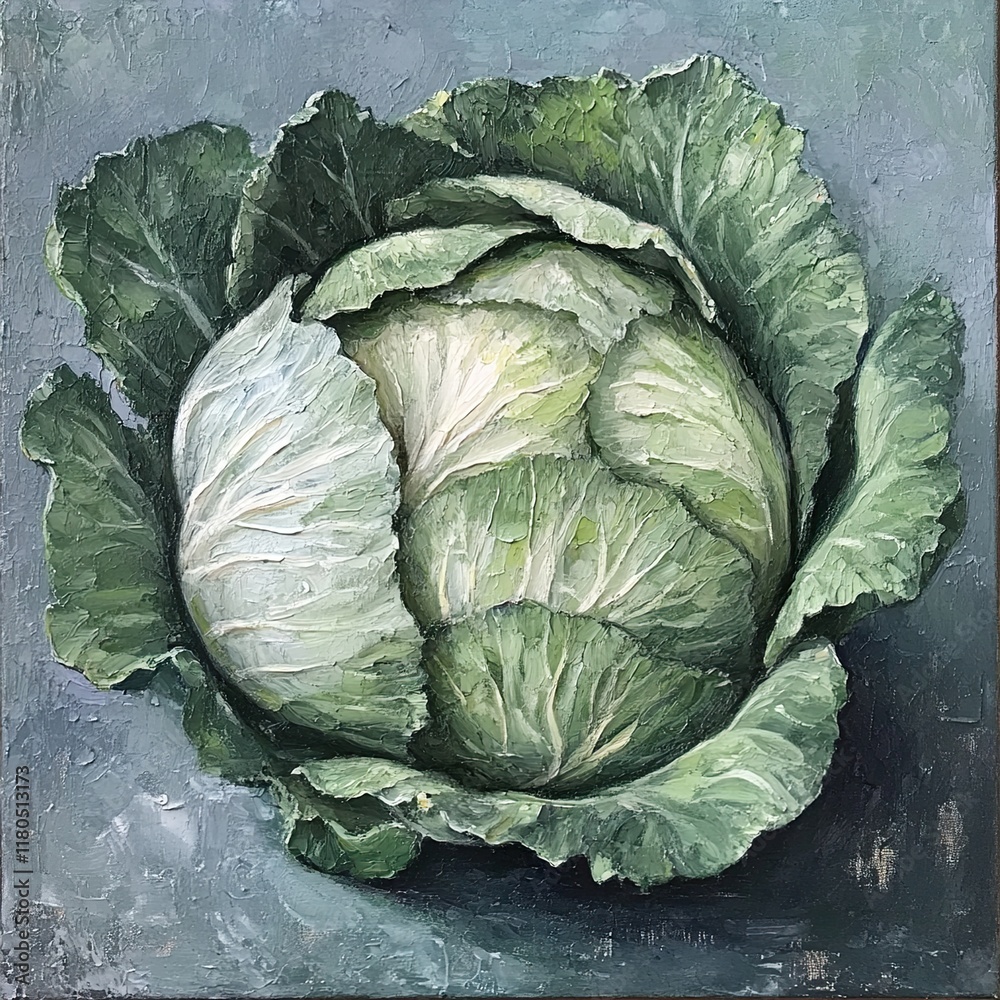 Fototapeta premium Green Cabbage Still Life Oil Painting: Vibrant Texture and Color