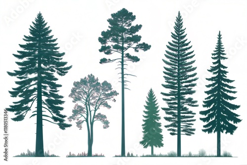 Vector set silhouette of different Canadian pine trees. Conifer tree silhouettes on the white background Collection. Bundle of trees. photo