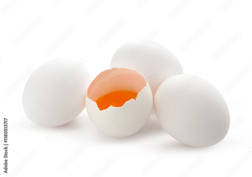Cracked and whole chicken eggs isolated on white background, closeup Cracked and whole chicken eggs isolated on white background, closeup