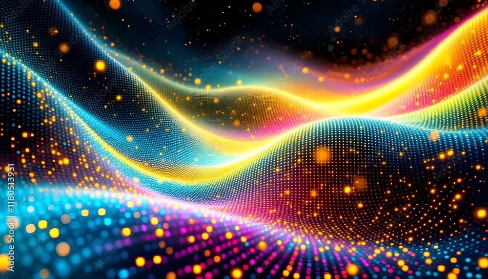 Obraz premium A vibrant abstract image of a colorful wave composed of glowing particles. Dynamic and energetic.