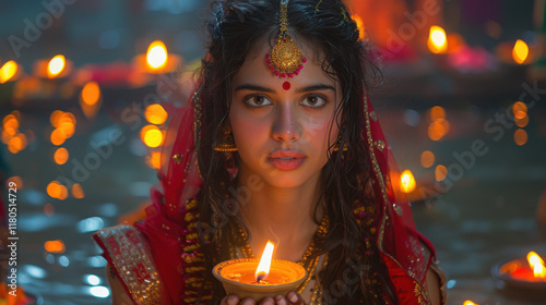 A woman dressed in a vibrant red traditional outfit holds a lit oil lamp close to her chest, surrounded by the soft glow of floating candles in a serene water setting. photo