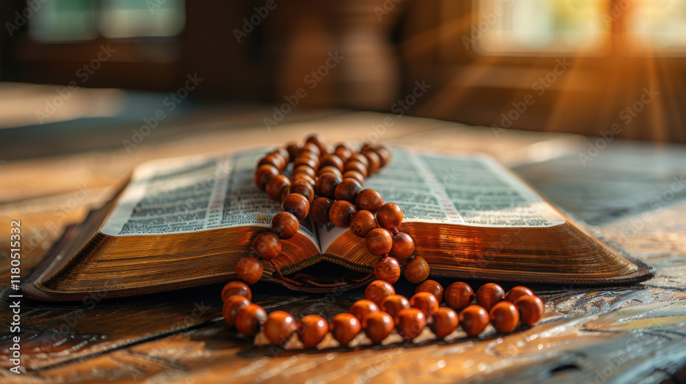 An ornate book lies open on a rustic wooden table, adorned with a string of prayer beads that glimmer softly in the warm light streaming through the window An ornate book lies open on a rustic wooden table, adorned with a string of prayer beads that glimmer softly in the warm light streaming through the window