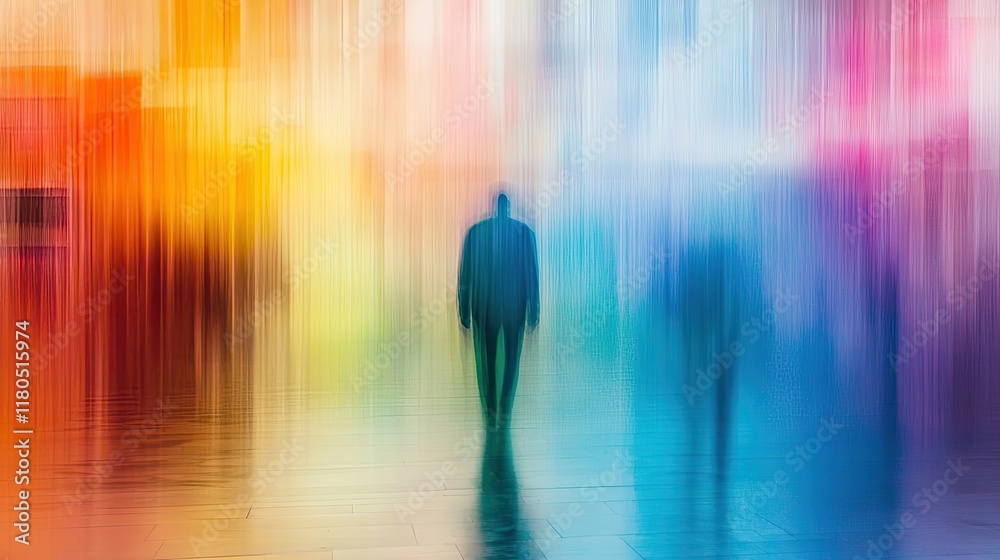 A lone figure walks through a vibrant colorful spectrum A lone figure walks through a vibrant colorful spectrum