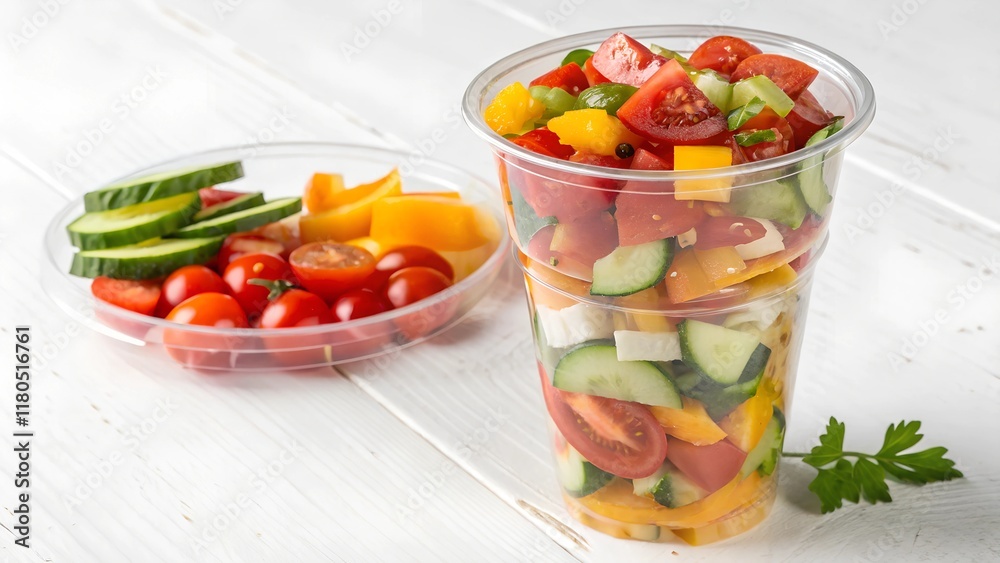 Fresh vegetable salad served in a clear plastic cup, perfect for on the go meals. Enjoy a delicious vegetable salad with all your favorite ingredients in a convenient take away option.
Fresh vegetable salad served in a clear plastic cup, perfect for on the go meals. Enjoy a delicious vegetable salad with all your favorite ingredients in a convenient take away option.