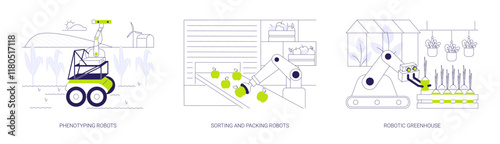 Robotics in agriculture abstract concept vector illustrations.