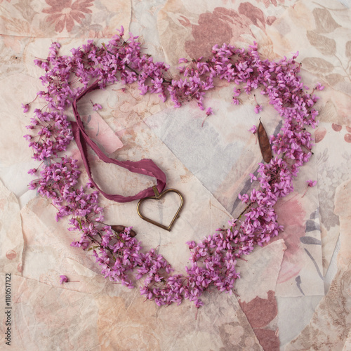 Red Bud Blossoms Surrounding a Hear-Shaped Locket on Ribbon