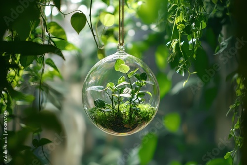 Glass Sphere Terrarium Holds Lush Green Plants photo