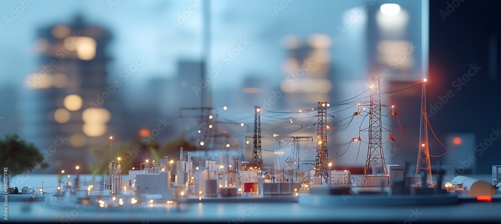 Miniature electricity grid on a table with blurred office backdrop and engineers working.