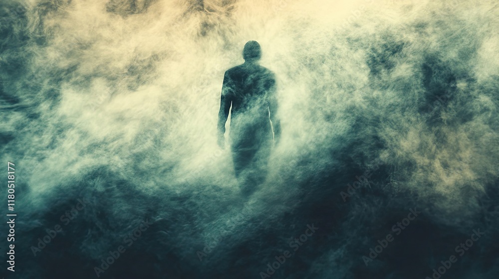 Obraz premium A shadowy figure walks through swirling smoke and mist