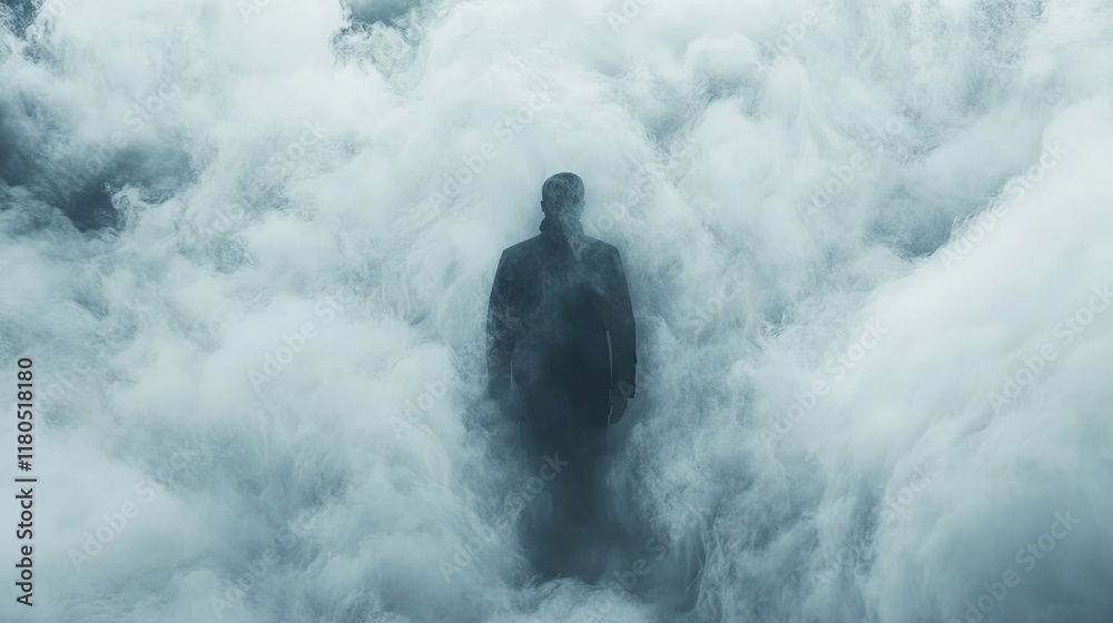 A lone figure stands shrouded in ethereal mist A lone figure stands shrouded in ethereal mist