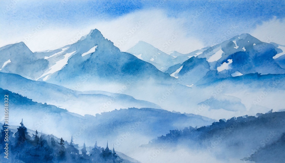 watercolor blue and white misty landscape with snowy mountains background