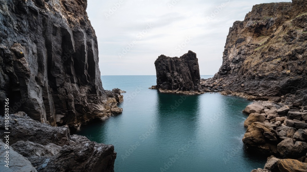 Obraz premium A serene coastline is flanked by dramatic cliffs, offering a tranquil yet powerful view of the encounter between land and sea.