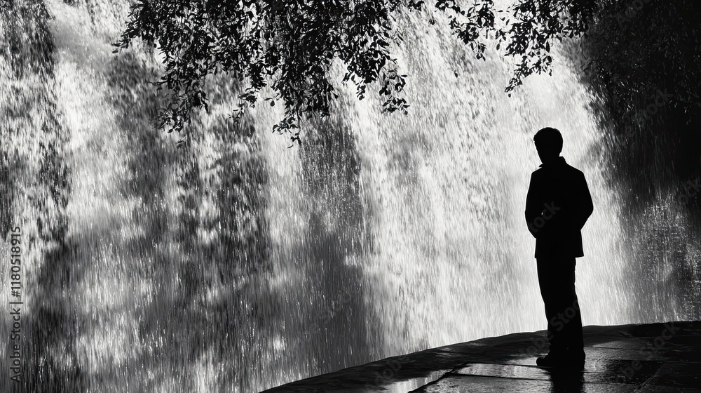 Obraz premium Boy Silhouetted Against a Water Cascade at Night