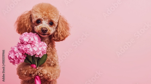 Cute brown poodle dog holding bouquet of spring flowers isolated on pink background. Valentine’s day or Mother’s day concept. Banner, copy space	
