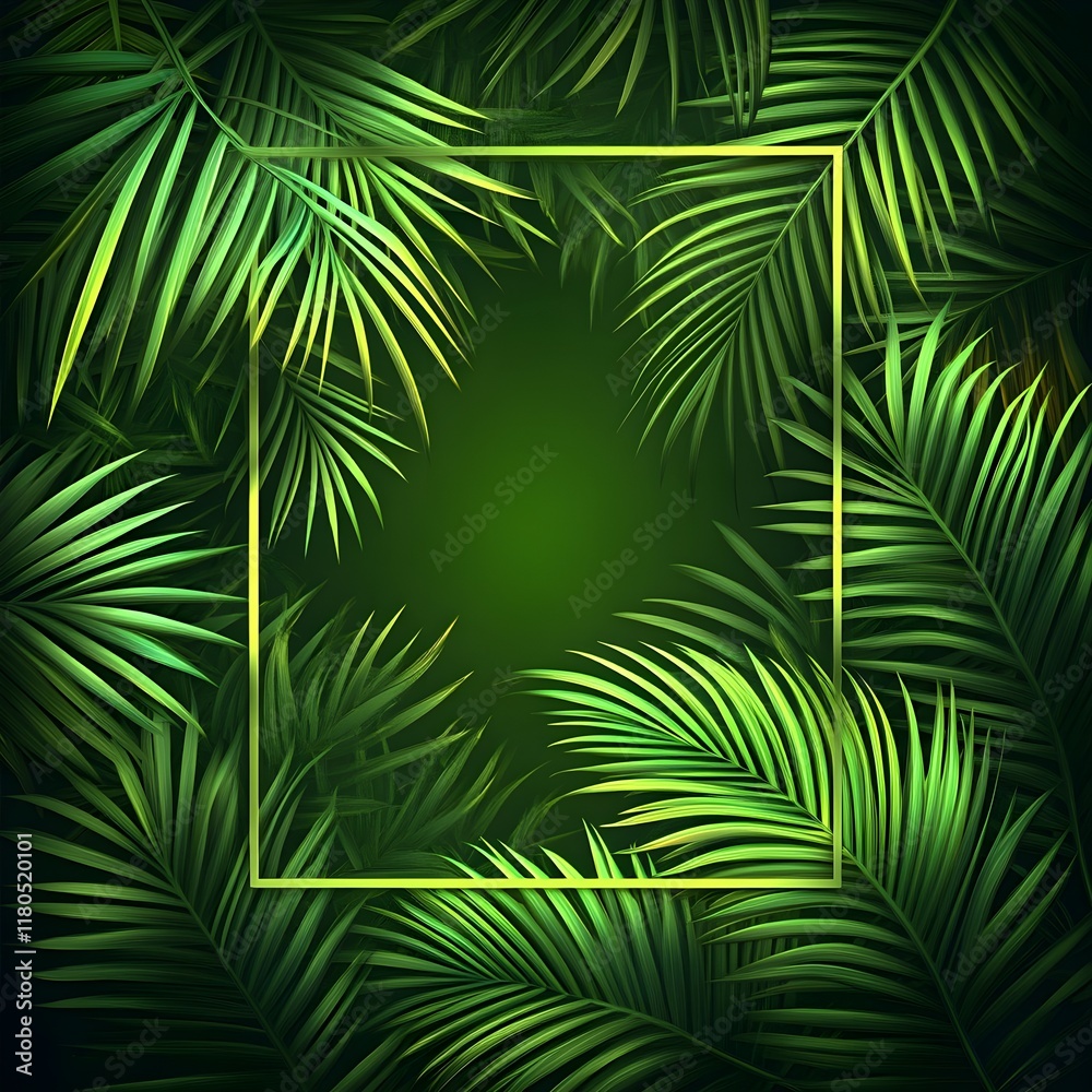Neon green rectangular frame on a dark background of palm leaves. Neon green rectangular frame on a dark background of palm leaves.