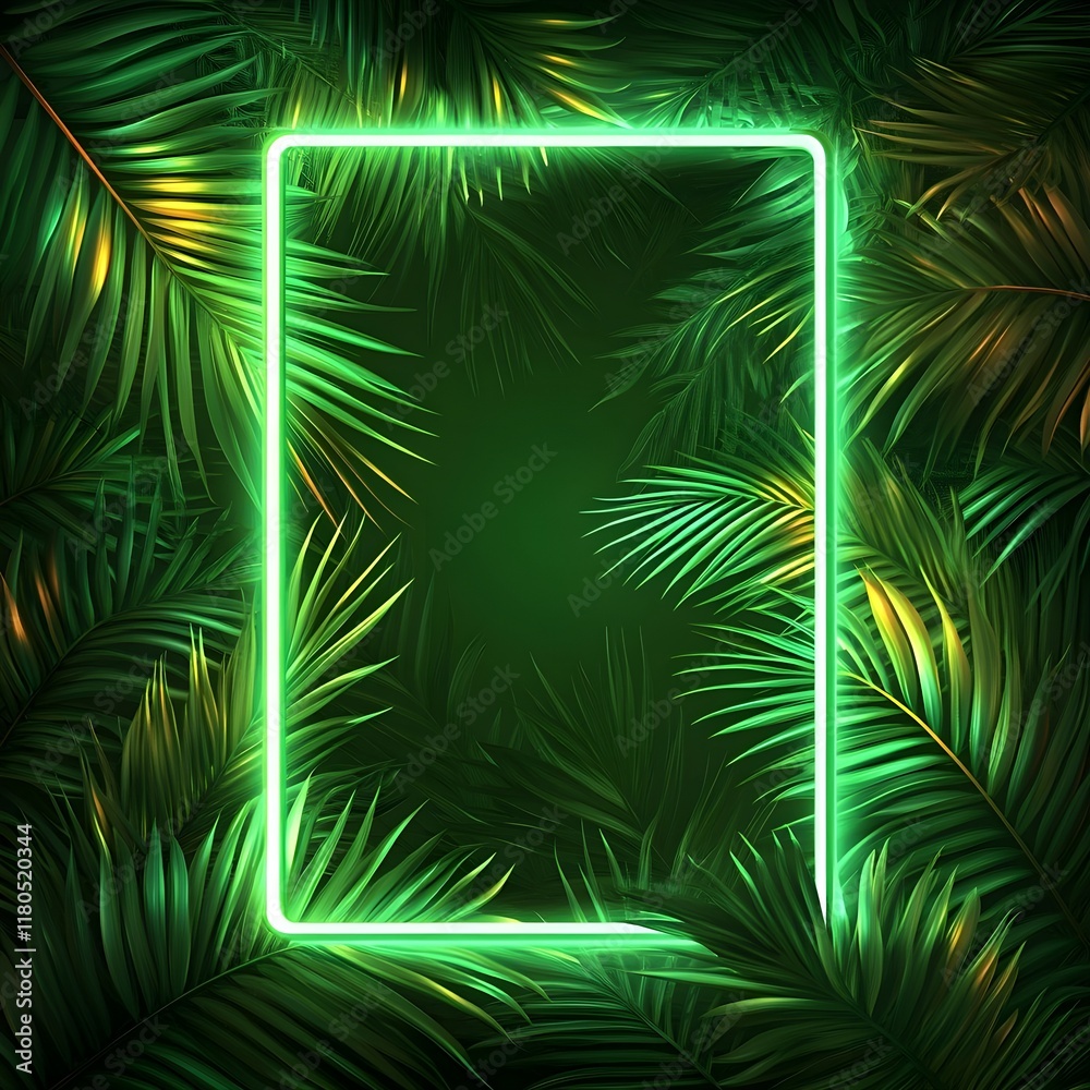 Obraz premium Neon green rectangular frame on a dark background of palm leaves.