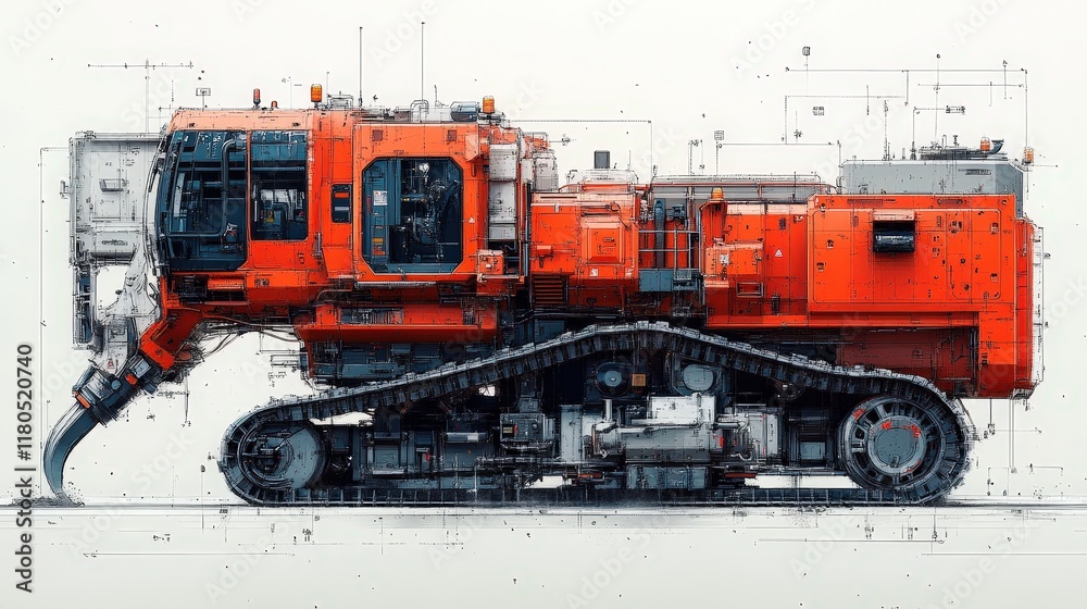 Futuristic orange tracked vehicle, blueprint overlay. Futuristic orange tracked vehicle, blueprint overlay.