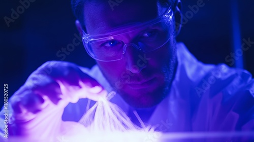 A scientist immersed in a focused task examines delicate fibers under a vivid blue light, capturing the essence of innovation and precision. photo