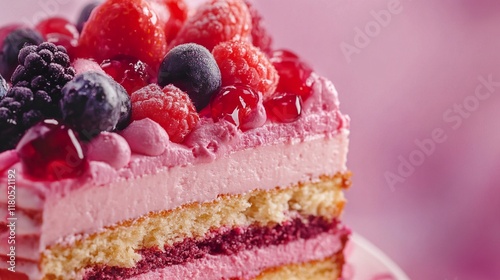 Delicious Pink Cake with Fresh Berries photo