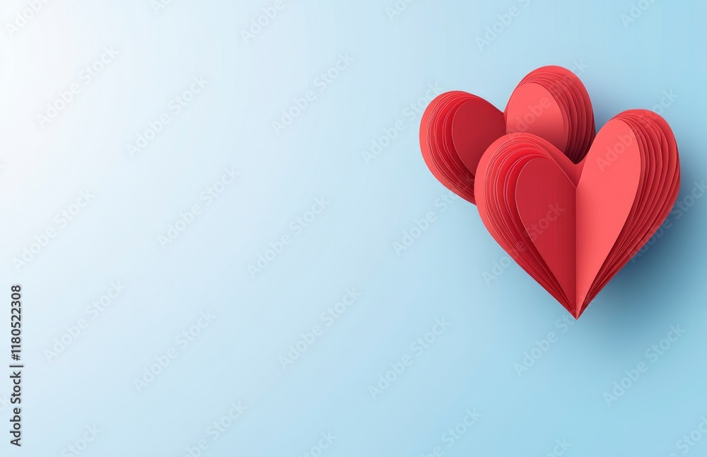 paper-cut red hearts on a light blue background, in a flat lay, top view, with copy space for a Happy Valentine's Day greeting card design. Vector illustration of simple, minimalistic origami-style paper-cut red hearts on a light blue background, in a flat lay, top view, with copy space for a Happy Valentine's Day greeting card design. Vector illustration of simple, minimalistic origami-style