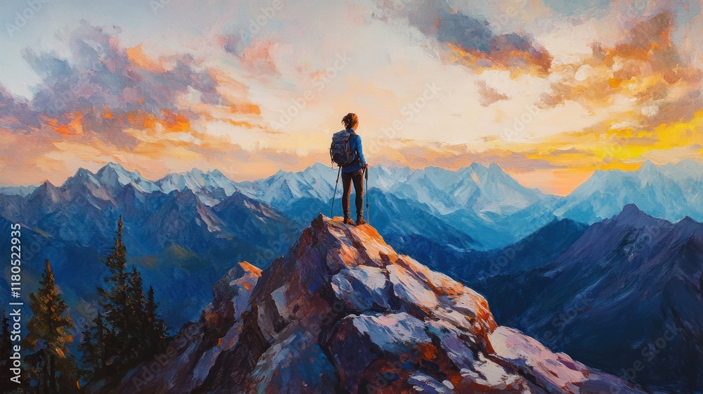 Hiker on mountain peak at sunset, overlooking vast mountain range. Hiker on mountain peak at sunset, overlooking vast mountain range.