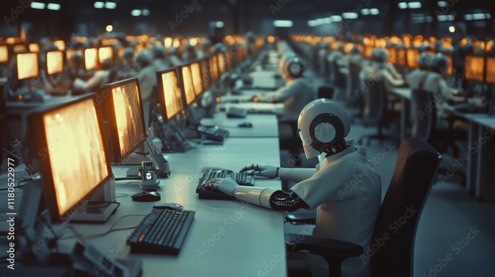 Obraz premium Rows of humanoid robots diligently work at computers in an endless, futuristic office space, glowing with warm light.