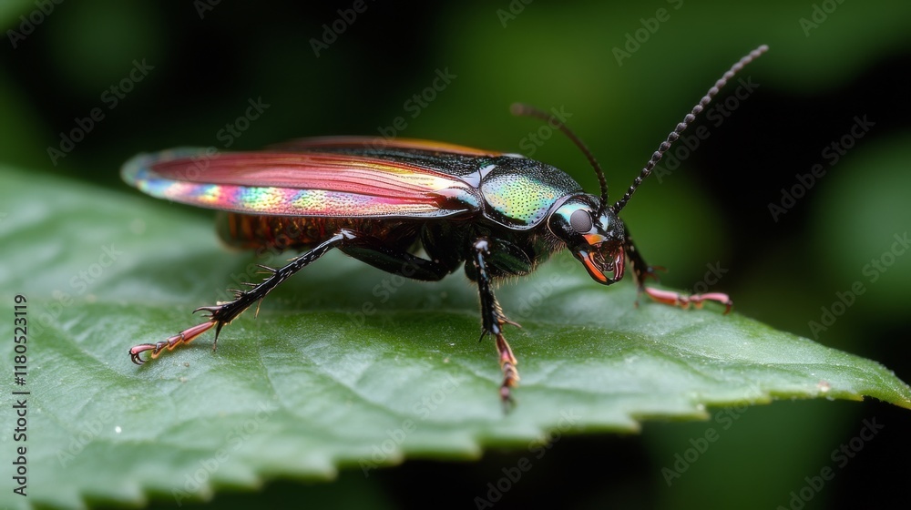 A striking iridescent beetle perched on a vibrant green leaf, showcasing nature's intricate beauty with its metallic hues and striking details. A striking iridescent beetle perched on a vibrant green leaf, showcasing nature's intricate beauty with its metallic hues and striking details.