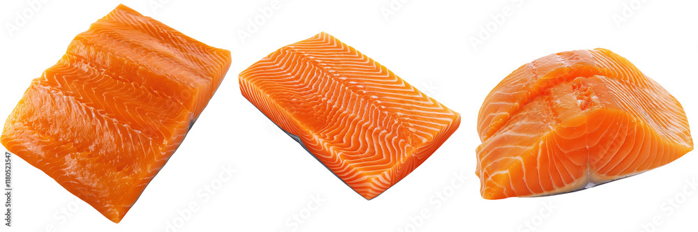 Fresh salmon fillets displayed in various cuts, showcasing their vibrant orange color and marbling. Fresh salmon fillets displayed in various cuts, showcasing their vibrant orange color and marbling.
