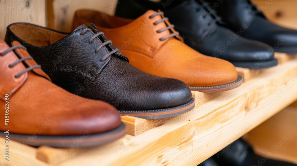 Women shoe cleaning shop concept. Stylish leather shoes displayed on wooden shelf in shop Women shoe cleaning shop concept. Stylish leather shoes displayed on wooden shelf in shop