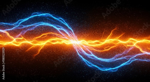 Clash of Elements: A mesmerizing abstract image of blue and orange lightning bolts colliding in a dramatic clash, symbolizing the tension and energy of opposing forces.   photo