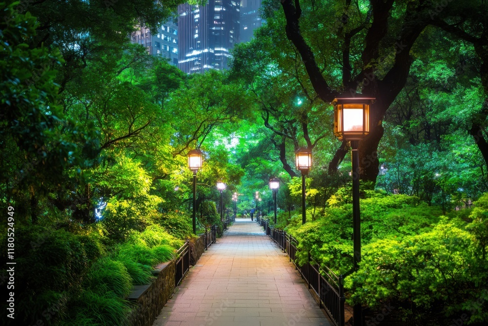Vibrant green city park with trees and air cleaning technologies at night Vibrant green city park with trees and air cleaning technologies at night