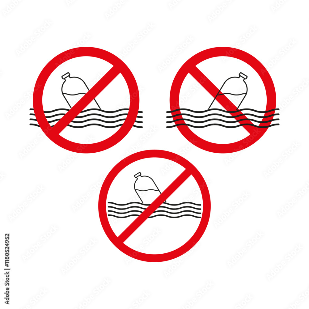 Plastic waste icon. No pollution symbol. Red prohibition sign. Water pollution warning. Plastic waste icon. No pollution symbol. Red prohibition sign. Water pollution warning.
