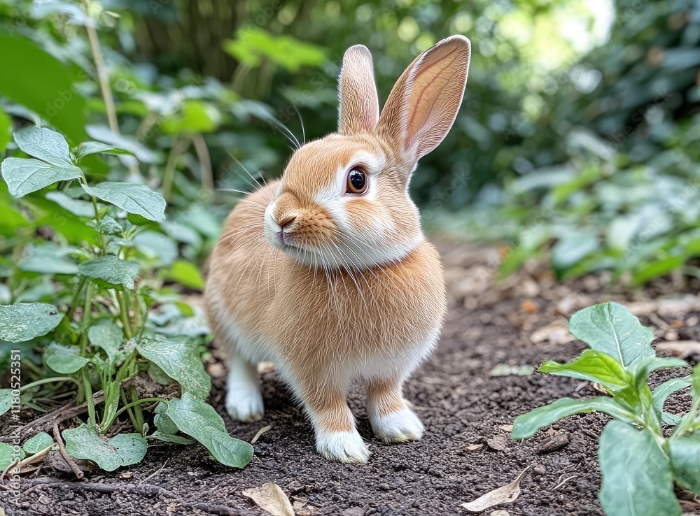 Fototapeta premium Rabbit in the garden, full-body portrait, real photo, natural light, background blur, green leaves and dirt ground, brown fur with white paws. Close-up of ears up to see the eyes. In front