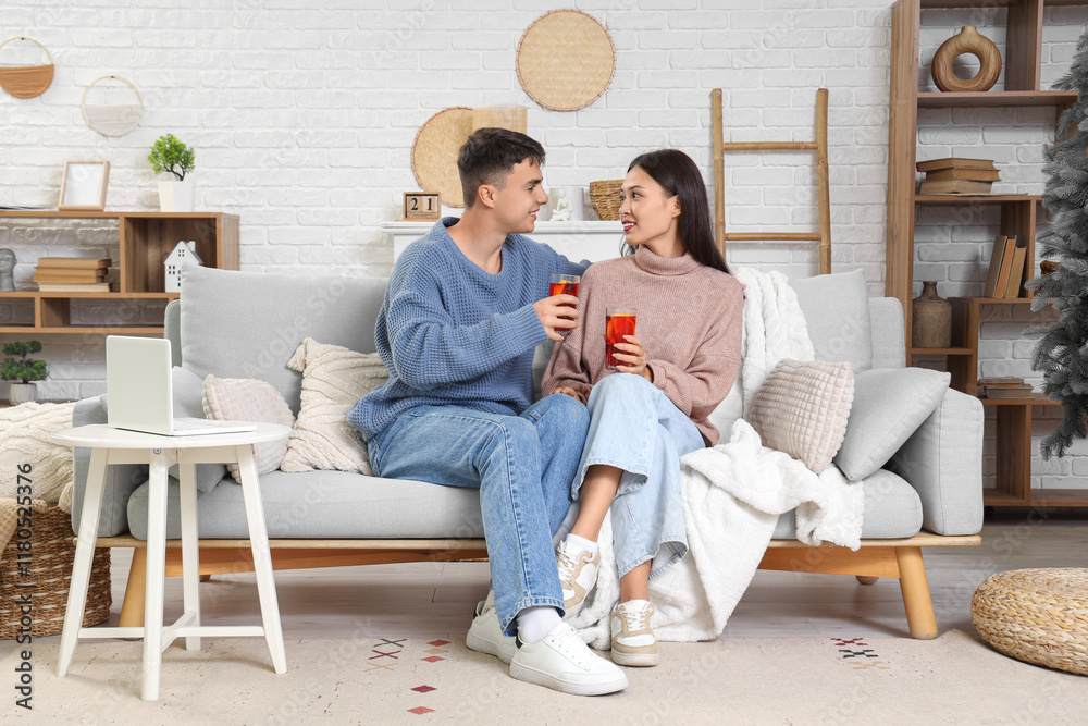 Happy couple with glasses of delicious mulled wine and laptop sitting on sofa at home Happy couple with glasses of delicious mulled wine and laptop sitting on sofa at home