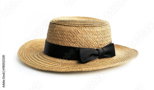 Raffia straw hat with a black ribbon on a white background. Isolated stock photo, contest winner, commercial photography, product shot, studio lighting, wide angle, side view, perspective photo