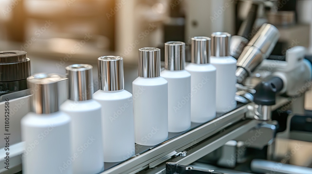 An automatic machine filling travel-size sunscreen tubes with precision.