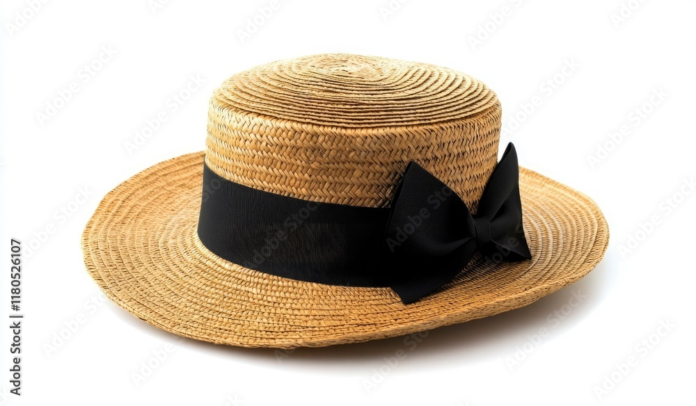 Raffia straw hat with a black ribbon on a white background. Isolated stock photo, contest winner, commercial photography, product shot, studio lighting, wide angle, side view, perspective Raffia straw hat with a black ribbon on a white background. Isolated stock photo, contest winner, commercial photography, product shot, studio lighting, wide angle, side view, perspective
