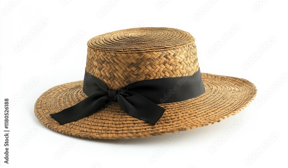Raffia straw hat with a black ribbon on a white background. Isolated stock photo, contest winner, commercial photography, product shot, studio lighting, wide angle, side view, perspective Raffia straw hat with a black ribbon on a white background. Isolated stock photo, contest winner, commercial photography, product shot, studio lighting, wide angle, side view, perspective