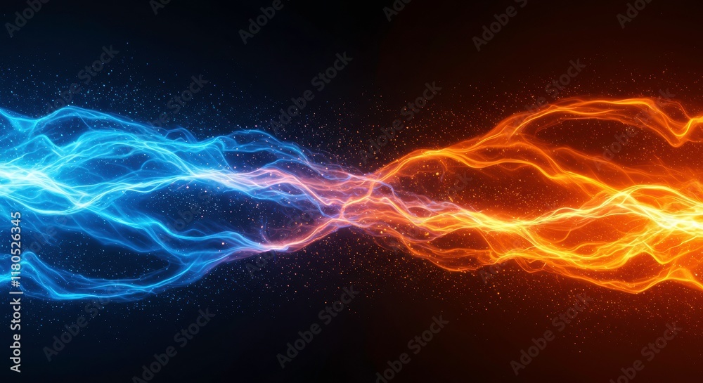 Obraz premium Clash of Elements: Abstract fiery and icy energy streams collide and intertwine, creating a mesmerizing visual of contrasting forces.